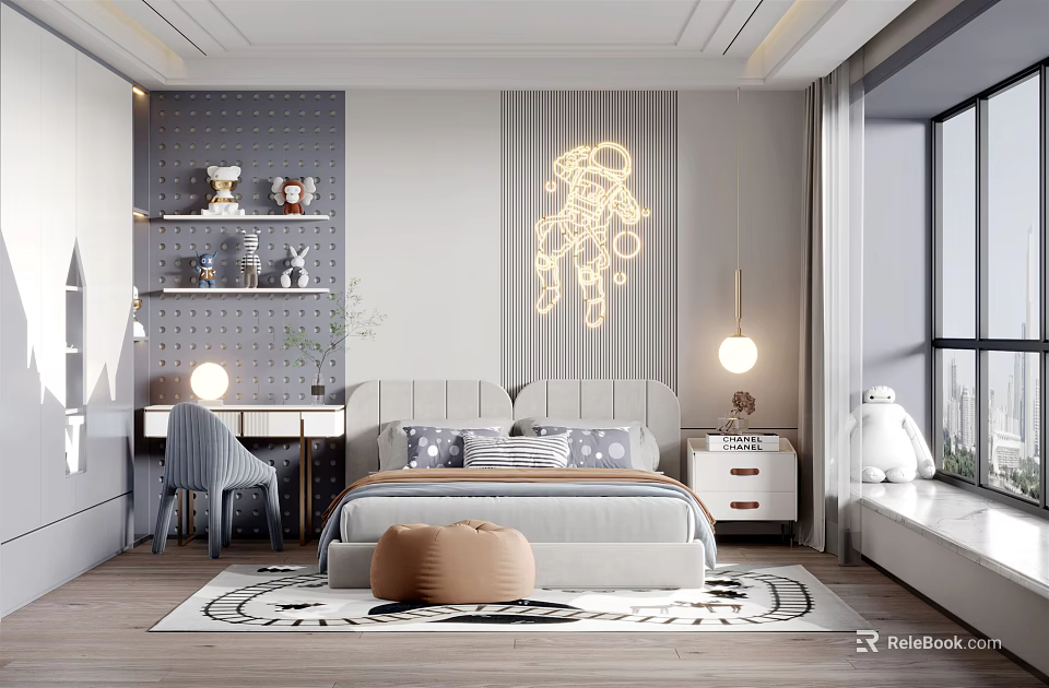 Modern Kids Room Interior Design Featuring Astronaut Neon Light Bed Desk Shelves And Stuffed Toy 3d model 
