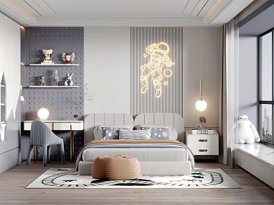 Modern Kids Room Interior Design Featuring Astronaut Neon Light Bed Desk Shelves And Stuffed Toy 3d model
