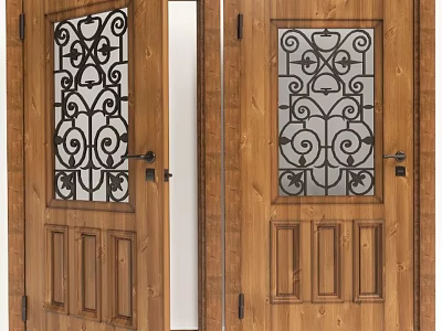 Elegant Wooden Swing Door With Intricate Wrought Iron Pattern Glass Panels Design 3d model