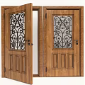 Elegant Wooden Swing Door With Intricate Wrought Iron Pattern Glass Panels Design