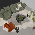 Modern Green Sofa Coffee Table Set with Marble Top Red Accent Chair and Potted Plants