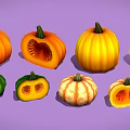 Various Colored Whole And Sliced Pumpkins Arranged On Purple Background
