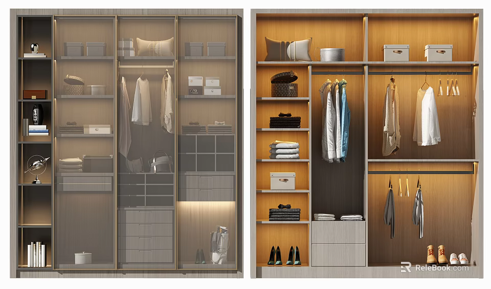 Modern Wardrobe Interior Design With Hanging Rods Drawers Shelves And Storage Solutions 3d model 