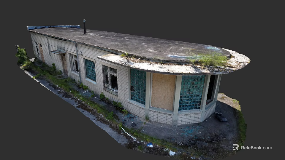 Abandoned Industrial Factory Building With Dilapidated Exterior Broken Windows And Moss Covered Roof 3d model 