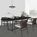 Modern Dining Table Set With Chairs Pendant Light And Potted Plant Near Window Blinds