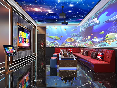 Modern KTV Lounge with Starry Ceiling Ocean Mural Red Sofa Large Screen and Song Console 3d model