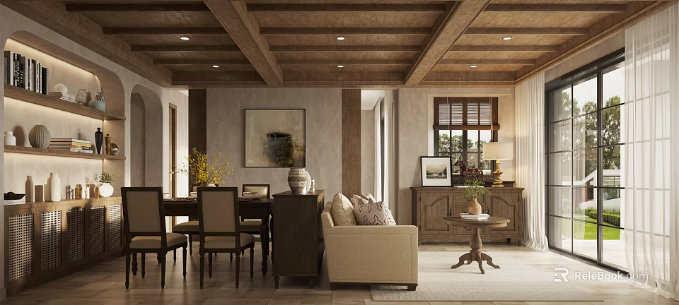 Warm Rustic Dining Living Room Interior With Wooden Beam Ceiling Table Sofa And Decorative Art 3d model 