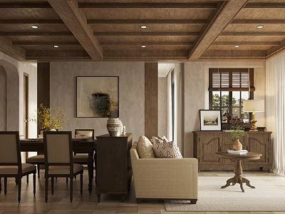 Warm Rustic Dining Living Room Interior With Wooden Beam Ceiling Table Sofa And Decorative Art 3d model