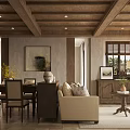Warm Rustic Dining Living Room Interior With Wooden Beam Ceiling Table Sofa And Decorative Art