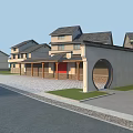 Scenic Landscape With Orderly Arranged Row Houses Road Wooden Bridge Water Wheel Pond Green Grass