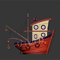 Cartoon Ship With Red Hull Multi Level Structure Blue Windows Decorative Ropes And Hooks 3d model