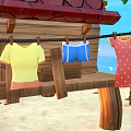 Cartoon Tropical Island Scene With Red Roof Hut Palm Trees And Blue Water