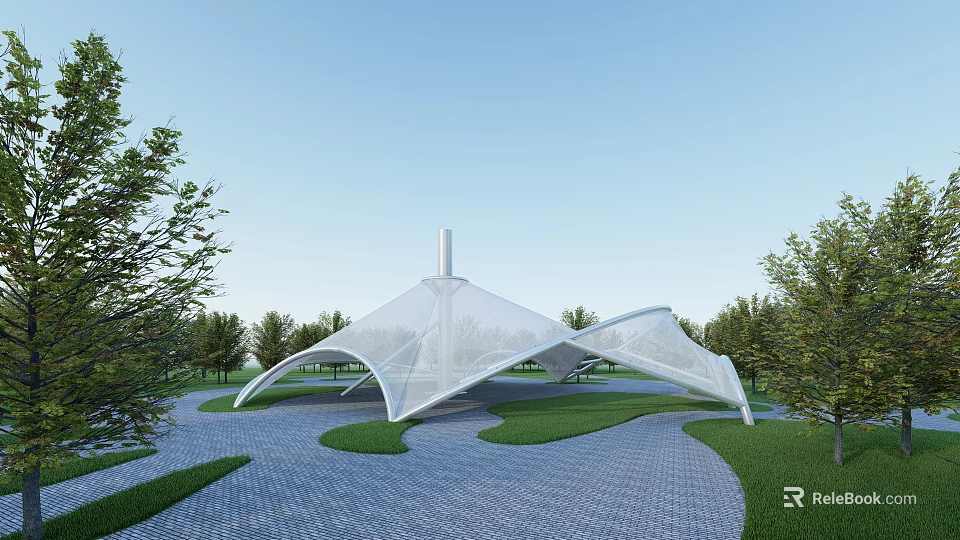 Tensile Membrane Structure With Modern Curved Design In Outdoor Park Area With Lawn And Trees 3d model 
