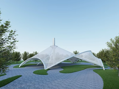 Tensile Membrane Structure With Modern Curved Design In Outdoor Park Area With Lawn And Trees 3d model