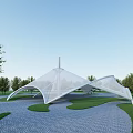 Tensile Membrane Structure With Modern Curved Design In Outdoor Park Area With Lawn And Trees