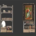 Multi Tiered Curio Shelf With Framed Art Books Clay Jars And Basket