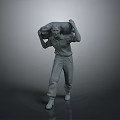 3D Male Figure Model Carrying Sack In Work Clothes Standing On Gray Background
