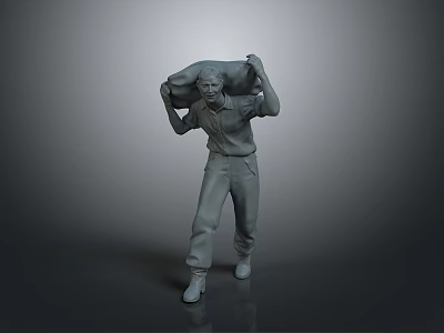 3D Male Figure Model Carrying Sack In Work Clothes Standing On Gray Background 3d model