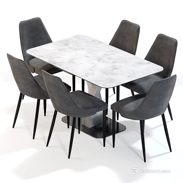 Modern Dining Table Set With Marble Top Grey Chairs And Black Legs 3d model