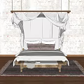 Double Bed with Wooden Frame and Hanging Canopy Against Textured Brick Wall on Patterned Rug