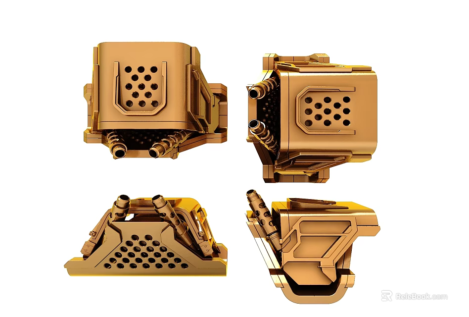 Golden Mechanical Components Displayed From Multiple Angles With Intricate Structural Details 3d model 