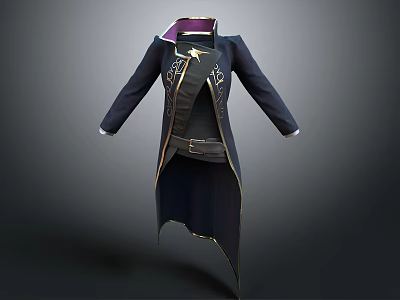 Stylish Black Long Coat With Golden Decorations Belt Purple Lining And Intricate Patterns 3d model