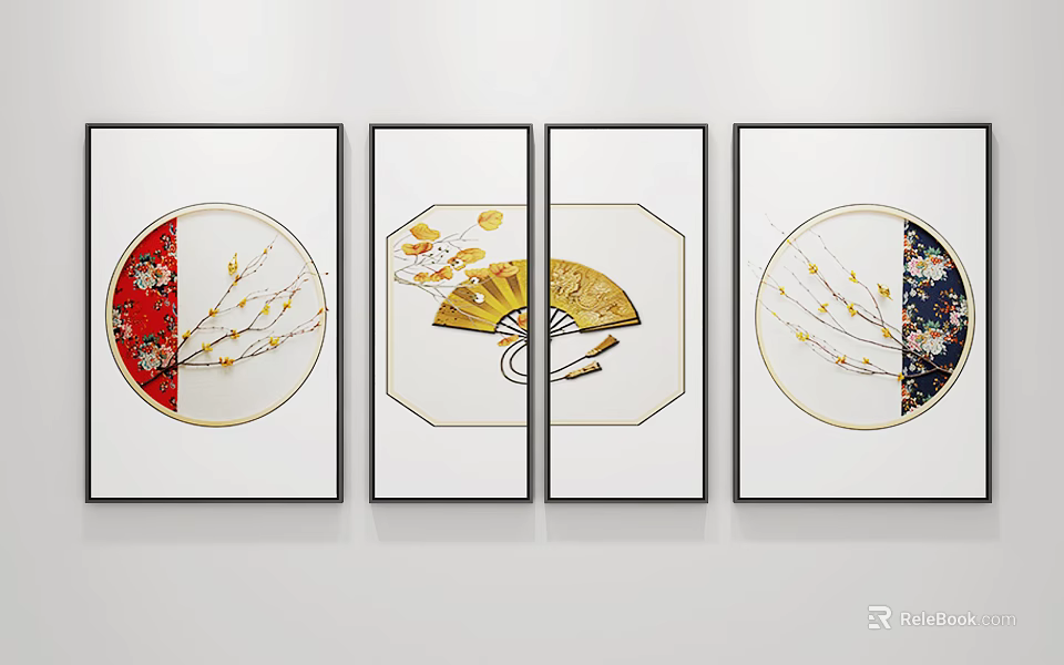 Decorative Wall Art with Fan Branches and Flowers in Circular Rectangular and Octagonal Frames 3d model
