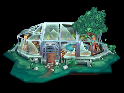 Whimsical Cartoon Scene of Glass Greenhouse with Tree Pond Stone Path and Small Plants 3d model