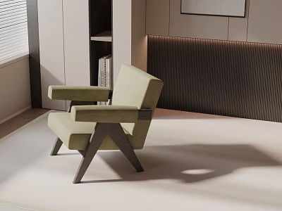 Light Green Leisure Chair With Wooden Legs In Modern Interior Featuring Bookshelf And Painting 3d model