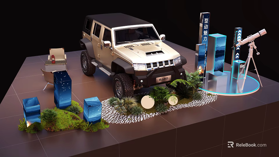 Modern Exhibition Island Showcase With SUV Vehicle Green Plants And Decorative Elements 3d model 