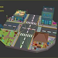 Cartoon City Scene With Crossroads Colorful Buildings Park Trees And Street Lamps