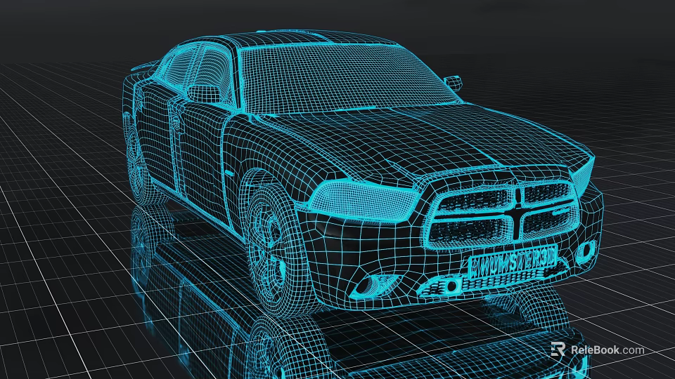 Car 3D Wireframe Model With Blue Lines On Dark Grid Floor And Reflection 3d model 