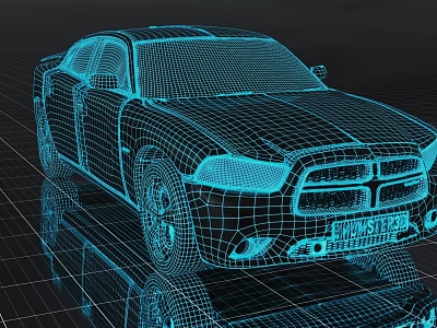 Car 3D Wireframe Model With Blue Lines On Dark Grid Floor And Reflection 3d model
