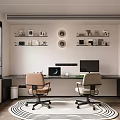 Modern Home Office Interior With Double Desk Two Office Chairs Bookshelves And Window Blinds