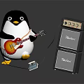 Adorable Penguin Playing Red Electric Guitar With Cable Next to Marshall Amplifier