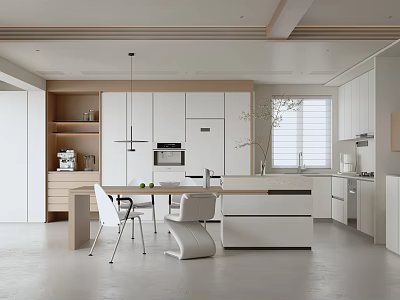 Modern Open Kitchen Interior Design With Island Counter Cabinets Dining Table And Appliances 3d model