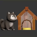 Cute Grey Puppy Toy With Wooden Dog House Red Roof Yellow Bowl And Blue Water