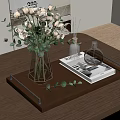 Elegant Decorative Ornament Set with Glass Vase Roses Fragrance Bottles and Book on Wooden Tray