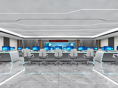 Professional Modern Monitoring Room Interior With Multiple LED Screens Control Consoles And Ergonomic Chairs 3d model