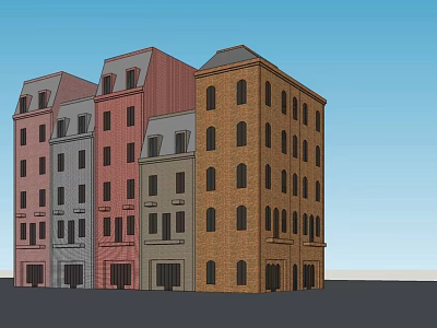 Colorful Multi Story Row Houses With Windows Against Blue Sky Background 3d model