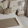 Modern Double Bed With Beige Headboard White Sheets Brown Blanket And Wooden Bedside Table