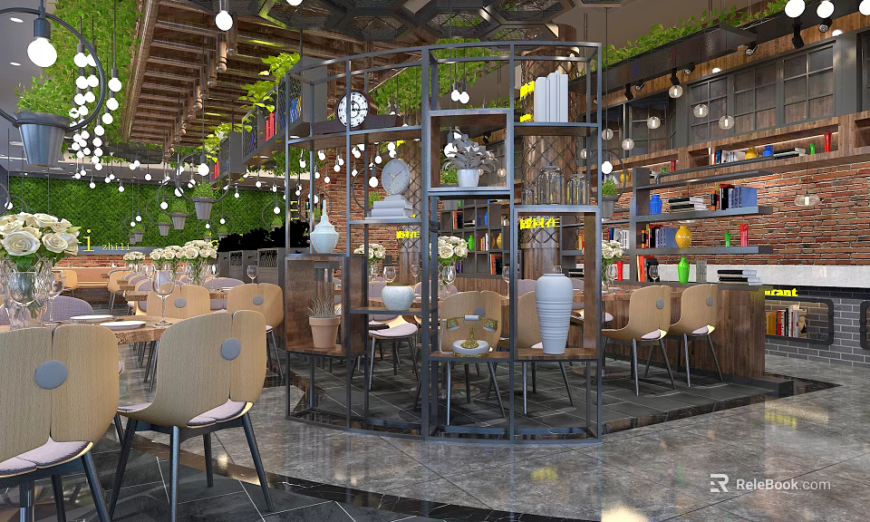 Stylish Restaurant Interior With Hanging Greenery Pendant Lights Wooden Beams And Decorative Shelves 3d model 