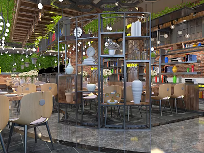 Stylish Restaurant Interior With Hanging Greenery Pendant Lights Wooden Beams And Decorative Shelves 3d model