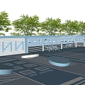 Modern Outdoor Garden Landscape With Blue White Paved Geometric Patterns And Green Trees