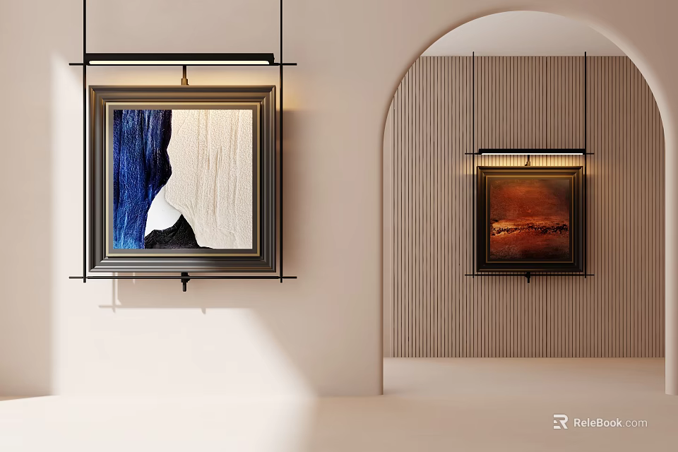 Abstract Paintings Hanging On Walls In Minimalist Interior With Blue White And Orange Brown Frames 3d model 