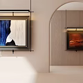 Abstract Paintings Hanging On Walls In Minimalist Interior With Blue White And Orange Brown Frames