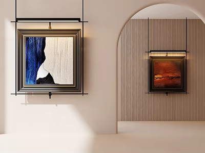 Abstract Paintings Hanging On Walls In Minimalist Interior With Blue White And Orange Brown Frames 3d model