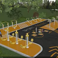 Outdoor Sports Equipment in Green Park Fitness Area with Yellow Design and People Exercising