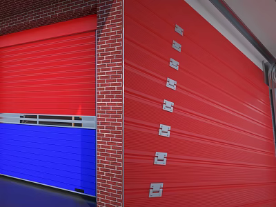 Red And Blue Roller Shutter Doors On Red Brick Wall Exterior 3d model
