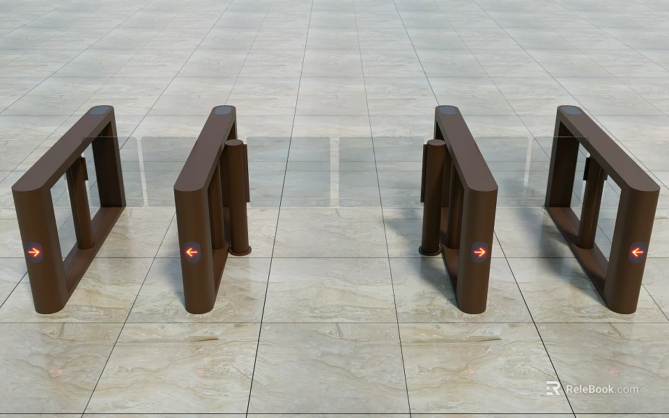 Public Facility Three Brown Access Gates Featuring Red Indicator Lights On Marble Floor 3d model